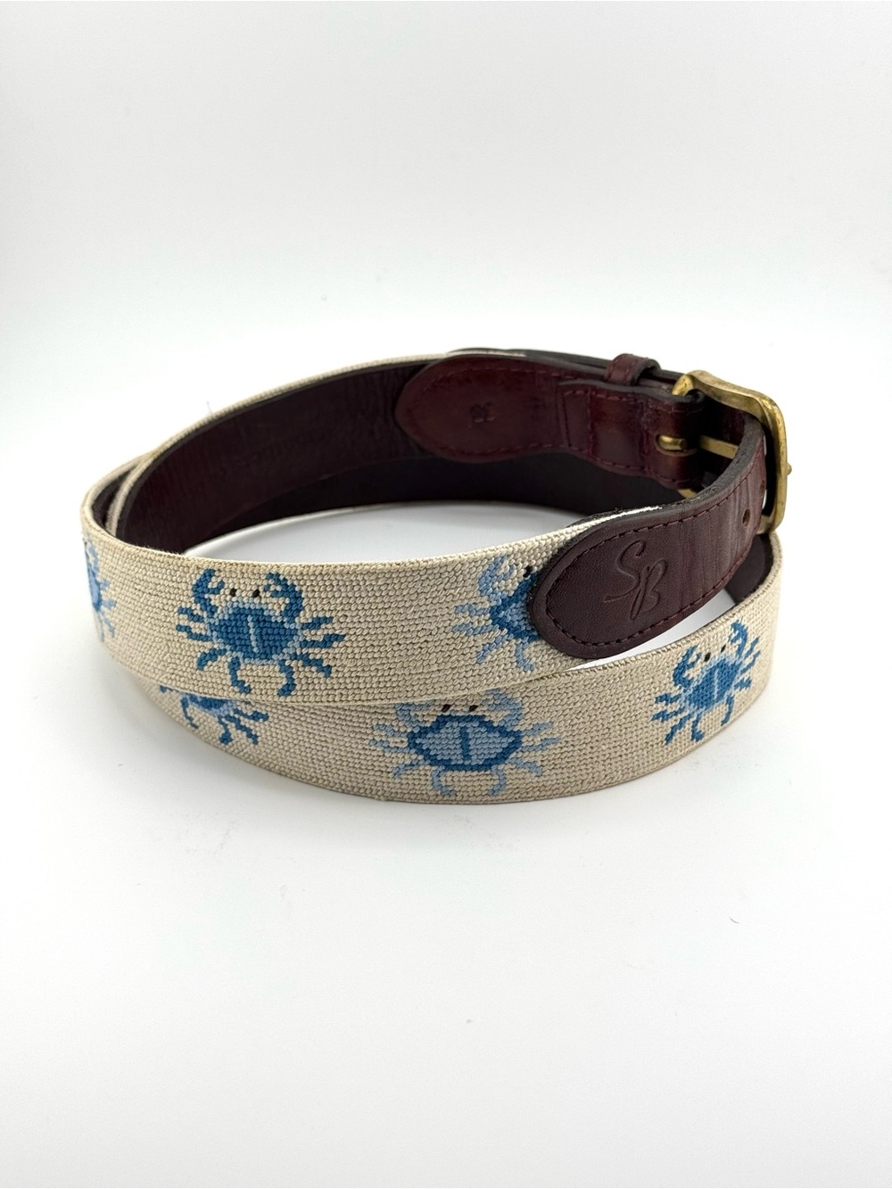 Smathers & Branson 38 Blue Crabs Needlepoint Belt Solid Brass Buckle in Oatmeal - Picture 6 of 13